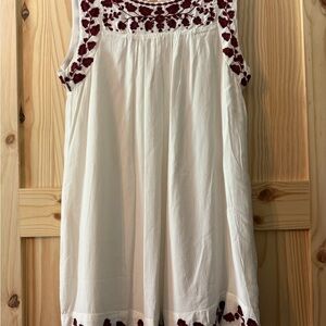 White Sleeveless Dress with Red Embroidery